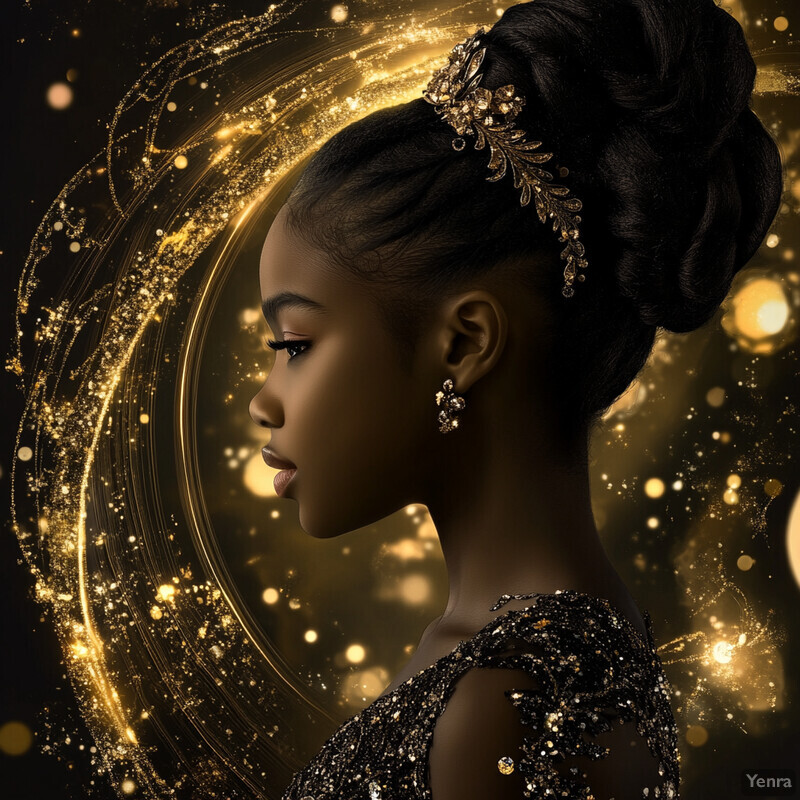 A portrait of a young girl in an elegant black dress with gold sequins and embellishments, exuding sophistication and refinement.