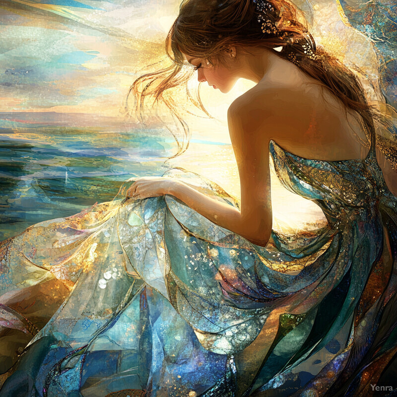 A woman sits by the ocean, lost in thought, with a flowing blue dress and her hair blowing in the wind.