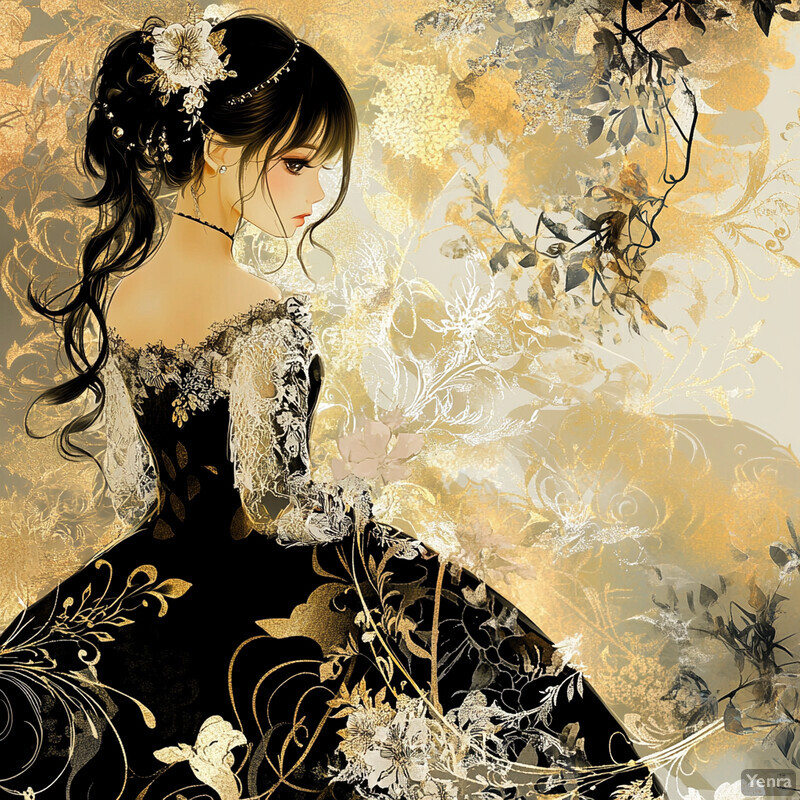 A digital illustration of a woman in a black dress with gold floral patterns and lace sleeves, set against an aged paper-like background.