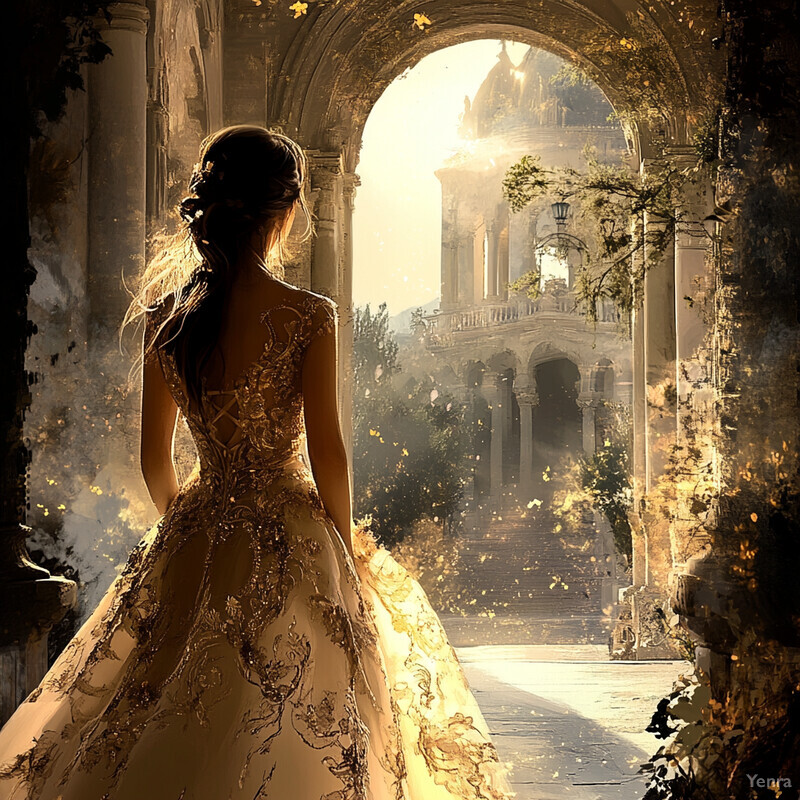 A woman in a gold gown stands under an archway, gazing out at a grand building.