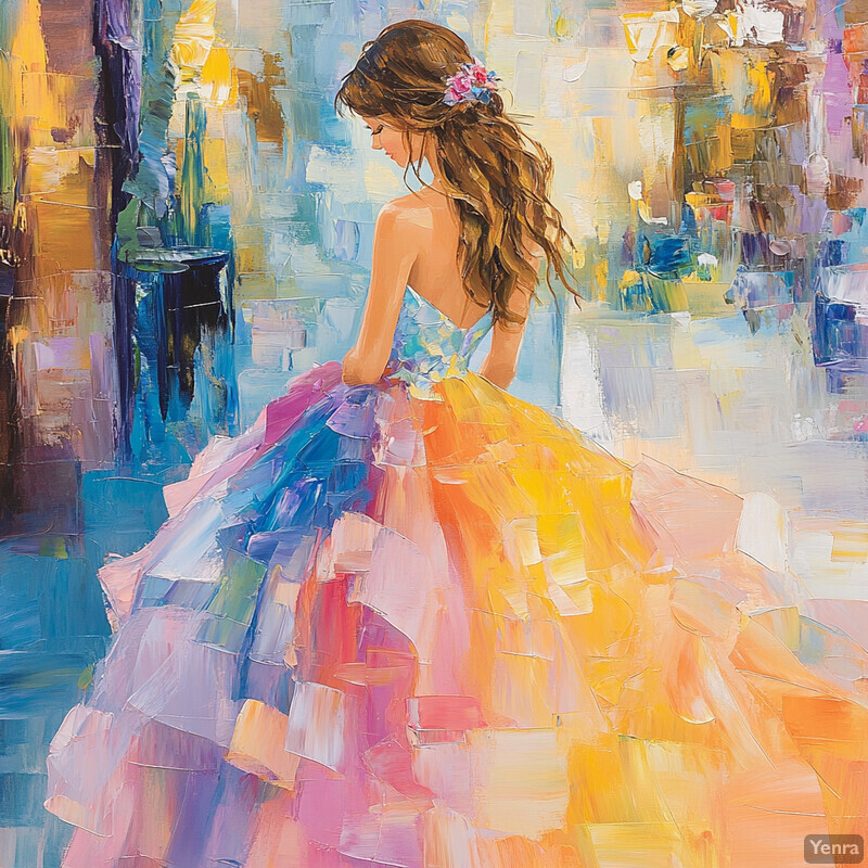 A woman in a vibrant ballgown stands in front of a dark background, surrounded by colors of blue, green, yellow, orange, red, purple, pink, and white.