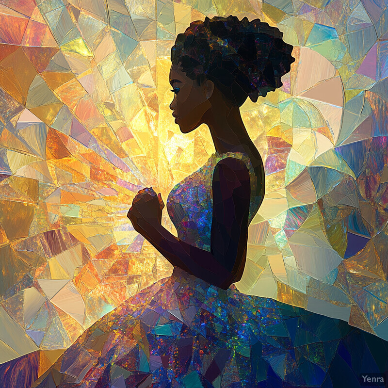 A confident woman with dark skin and curly hair wearing a vibrant floral dress, set against a kaleidoscope of colors.