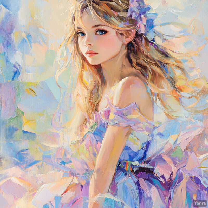 A young girl with long blonde hair and blue eyes, wearing a white dress with purple flowers in her hair, set against a soft pastel-colored sky with clouds.