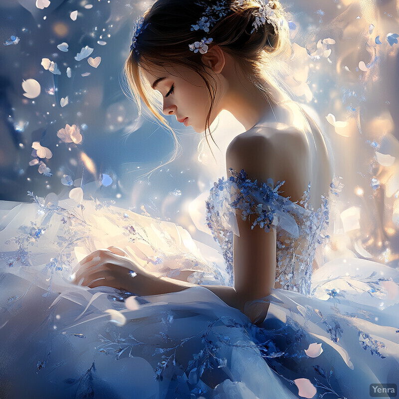 A serene and enchanting scene of a woman in a blue dress surrounded by delicate petals.