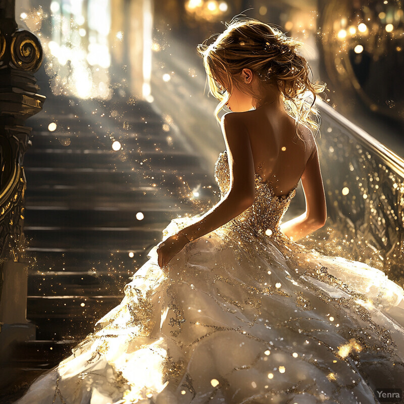 A woman in a stunning white and gold ballgown poses elegantly indoors