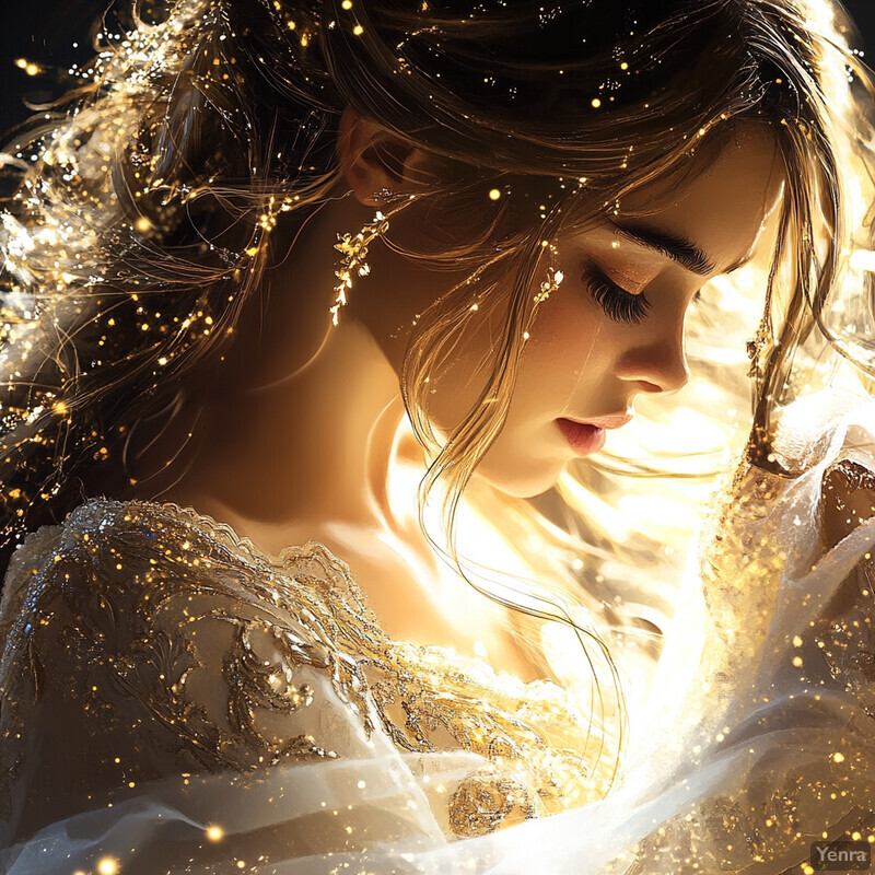 A woman with long hair and a white dress is surrounded by a bright light, conveying a sense of peace and tranquility.