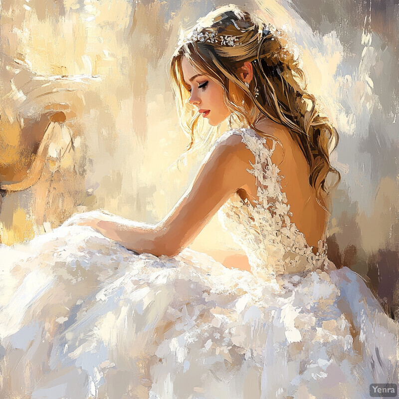 A woman in a white wedding dress sits on the floor, surrounded by a soft, muted color palette.