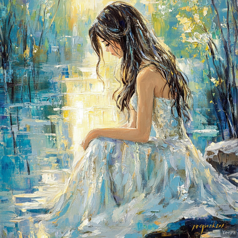 A serene painting of a woman sitting by a body of water, surrounded by lush greenery, exuding tranquility and peace.