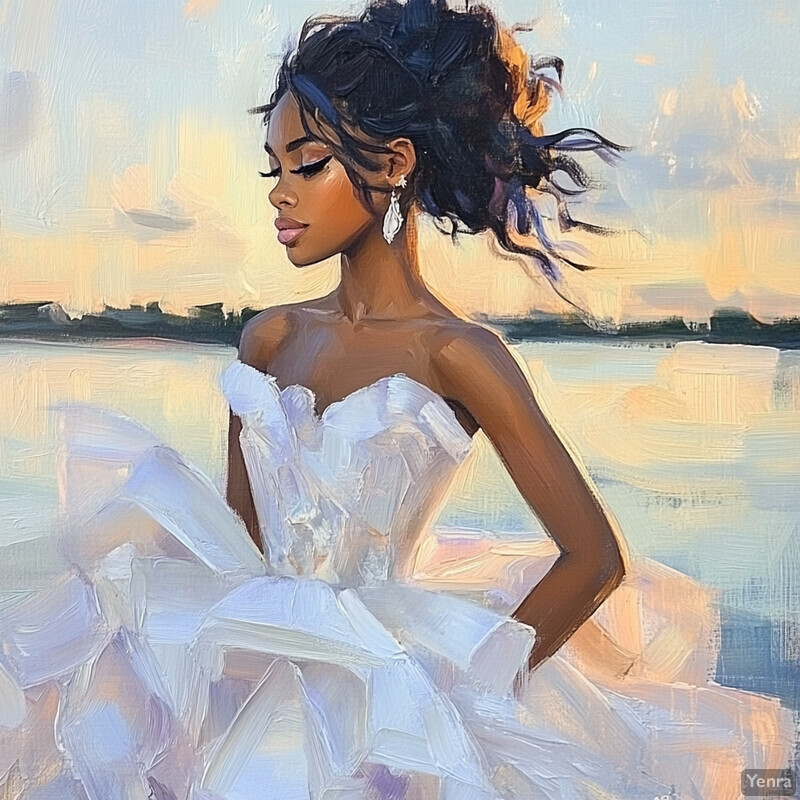 A serene and idyllic scene of a woman in a white wedding dress standing on a beach at sunset