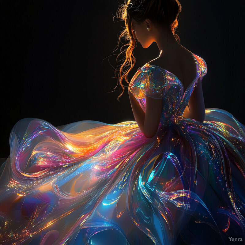 A woman in a glowing dress stands against a dark background, exuding an otherworldly aura.