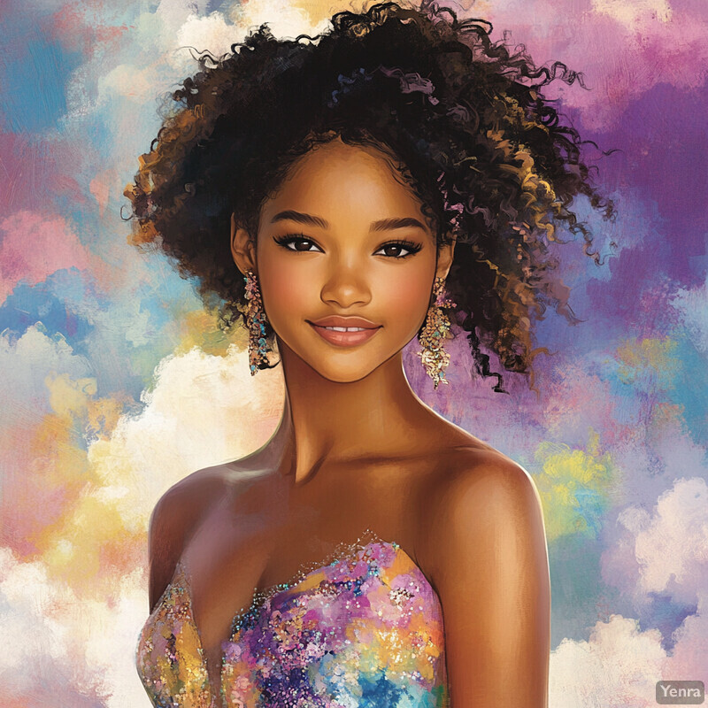 African American woman with curly hair and multicolored dress against dramatic sky backdrop