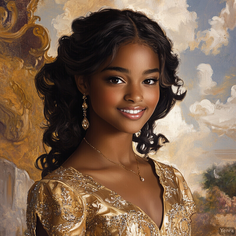 A young woman with long dark hair wears a stunning golden dress adorned with intricate embroidery, posing confidently in front of a blurred background.