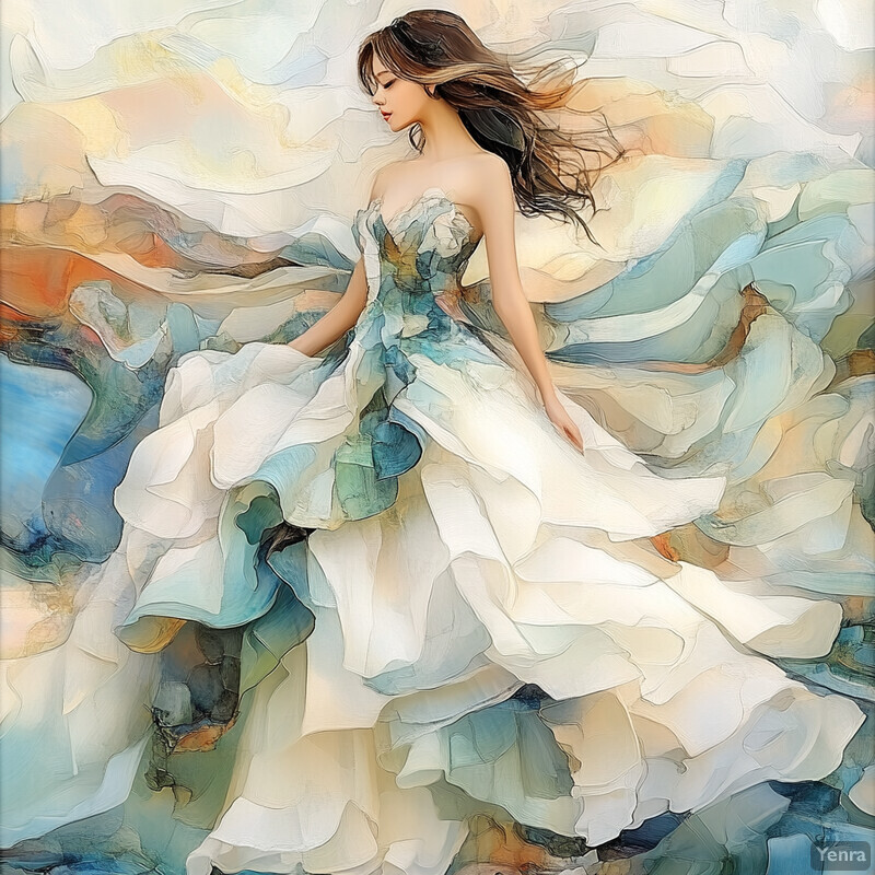 A woman in a stunning white ballgown stands confidently with an elegant necklace and earrings, set against an abstract background of swirling colors.