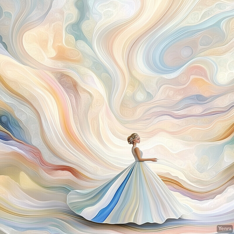 Woman in flowing white dress floating within pastel-colored clouds