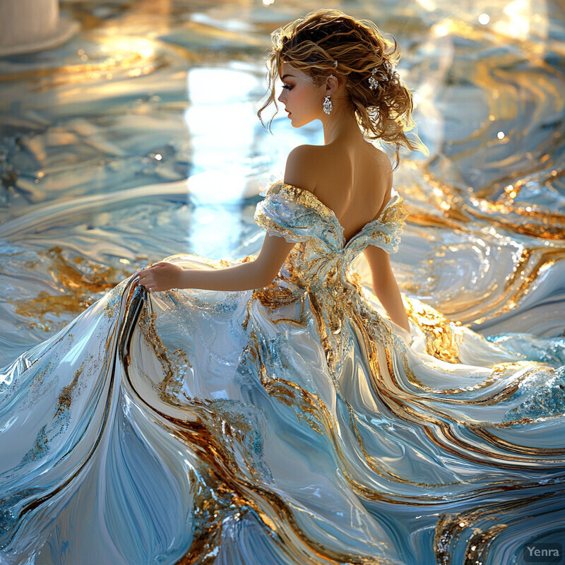 A woman in a stunning white and gold dress stands on a beach or shore, gazing out at the sea with her back to the viewer.