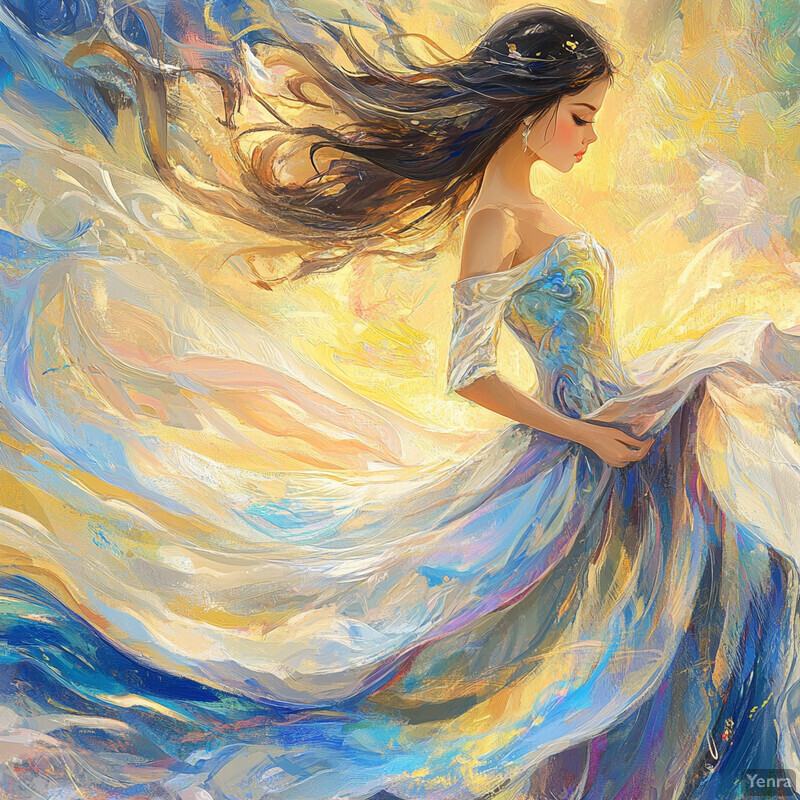 A serene painting of a woman in a flowing white dress against a soft pastel sky