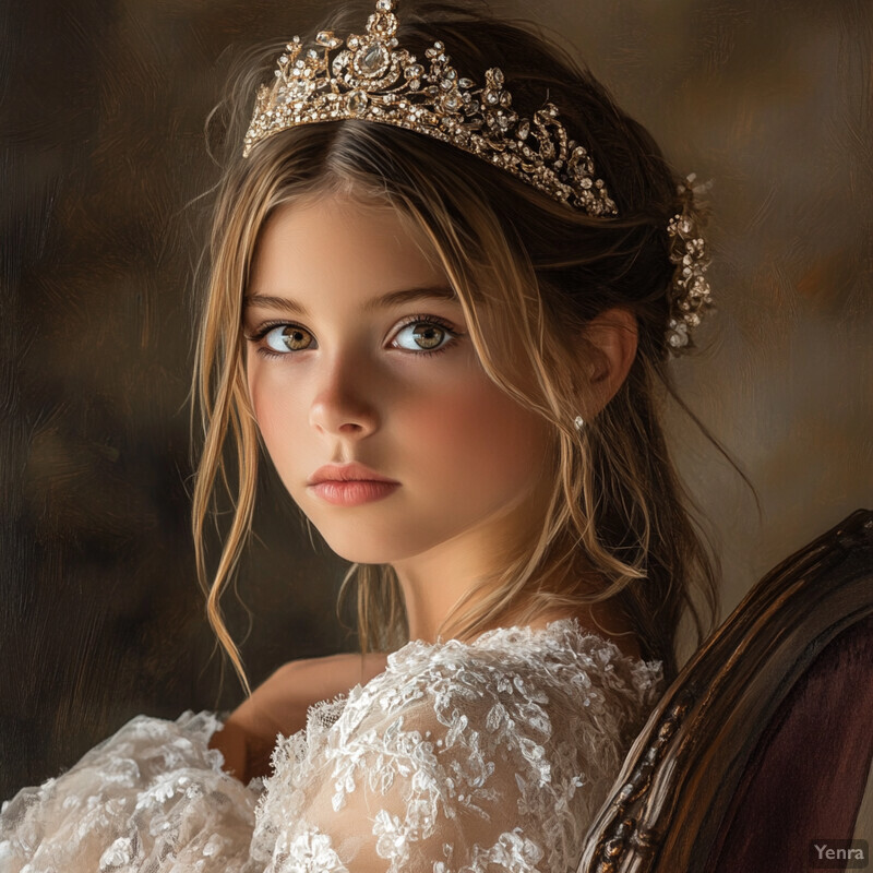 A young girl dressed in a wedding dress and tiara, likely attending a formal event.