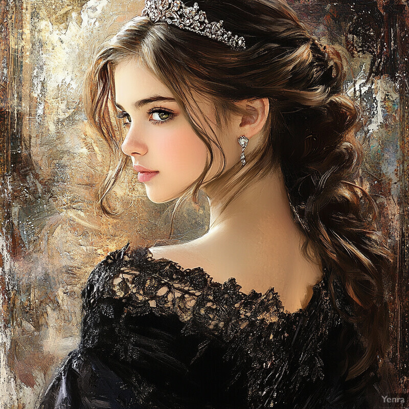 Oil painting of a woman with long brown hair in a braid, wearing a black dress with lace details