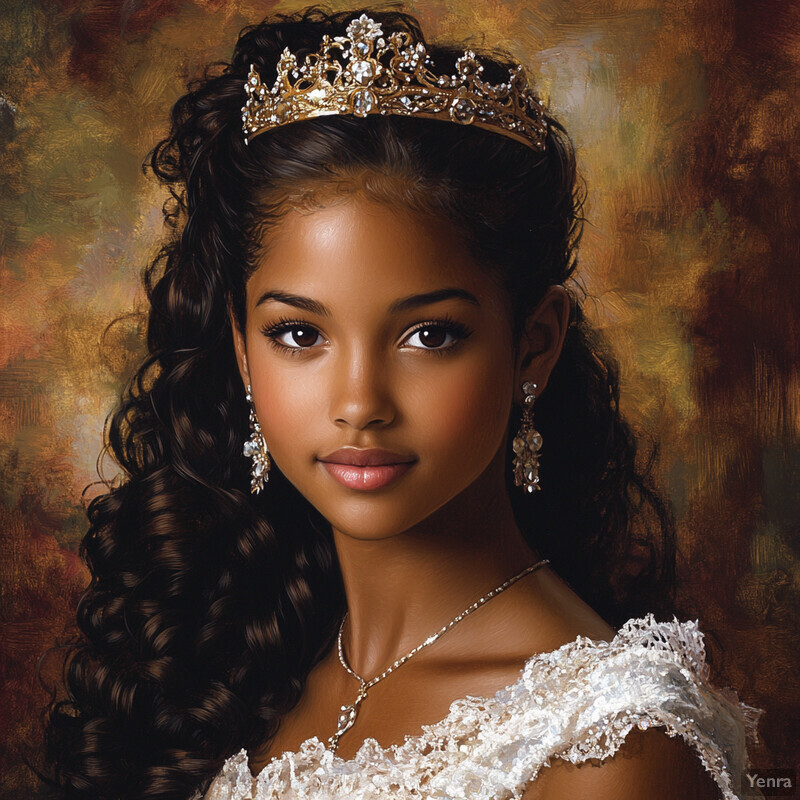 A young girl in a white lace dress with a gold crown and flowers, set against a blurred outdoor background.