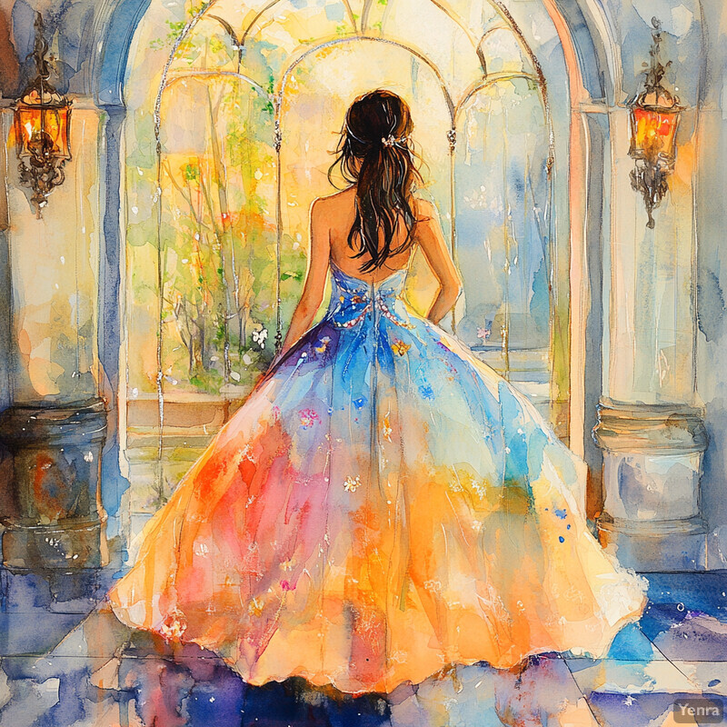 A woman in a colorful ballgown stands within an ornate archway, gazing out at an unseen landscape.