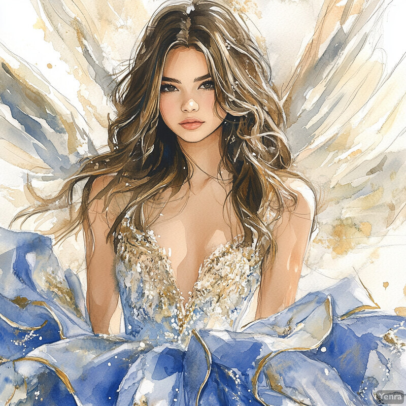 A watercolor painting of a woman in a blue dress with gold embroidery