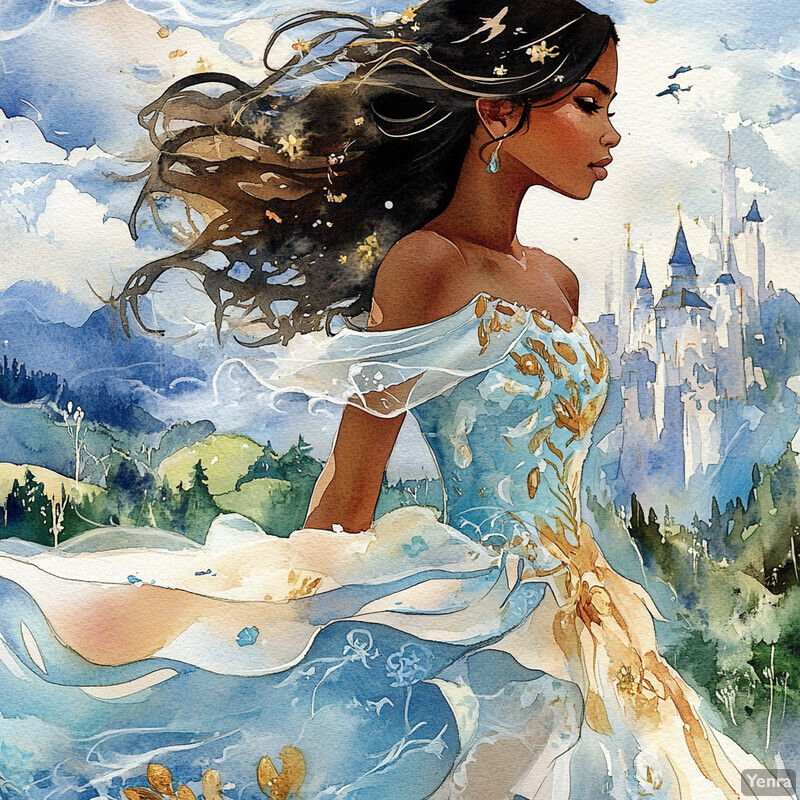 A woman in a blue dress stands amidst a picturesque landscape with a castle in the background.