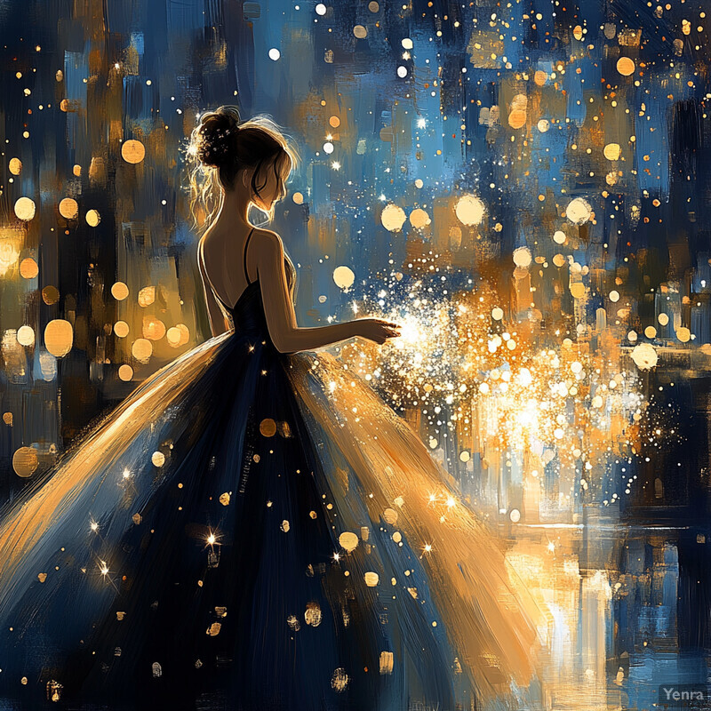 A serene and enchanting scene of a woman in a stunning ball gown surrounded by sparkles and lights