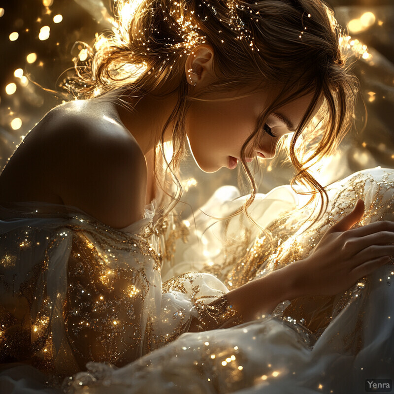 A woman in a white dress with gold sparkles, surrounded by a soft golden glow, exuding peace and beauty.