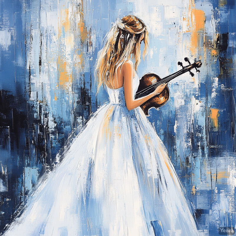 A serene painting of a woman in white playing the violin against a blue and gold backdrop.