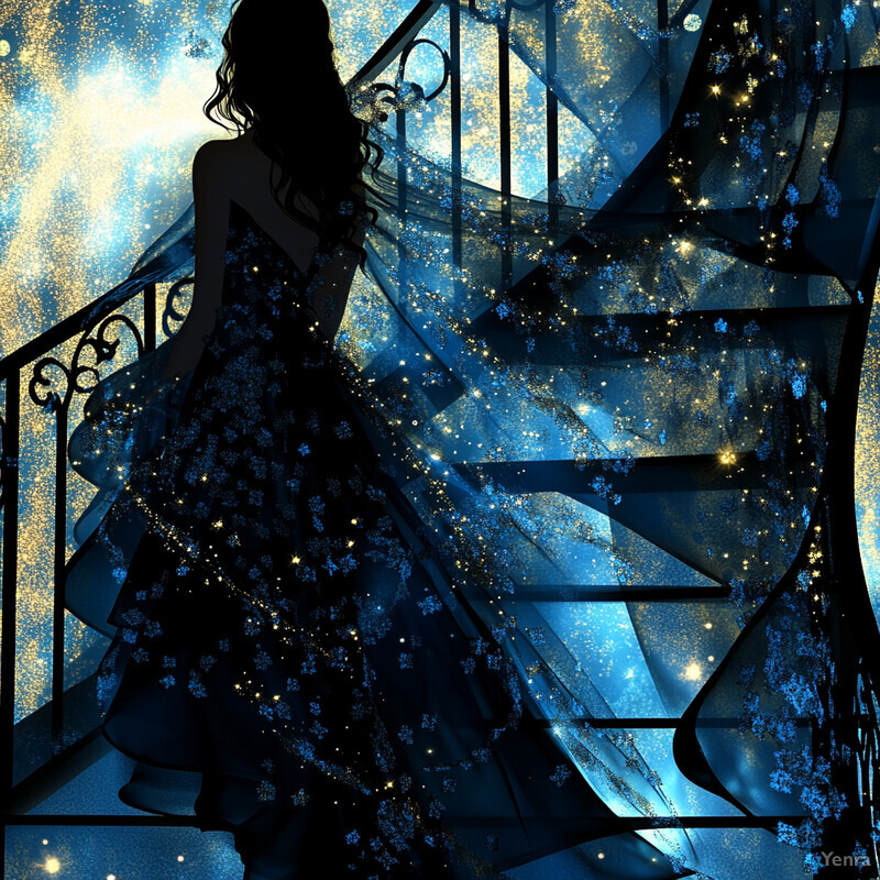 A woman in a long dress standing on a staircase