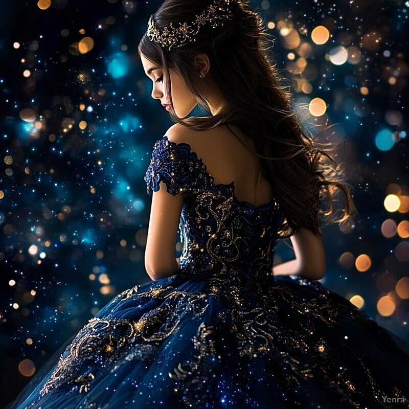 A young girl in a beautiful blue and gold ballgown, surrounded by a soft, starry background.