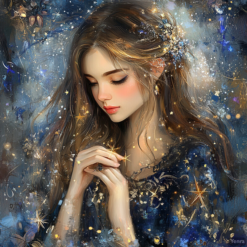 A serene and ethereal scene of a woman surrounded by starlight.