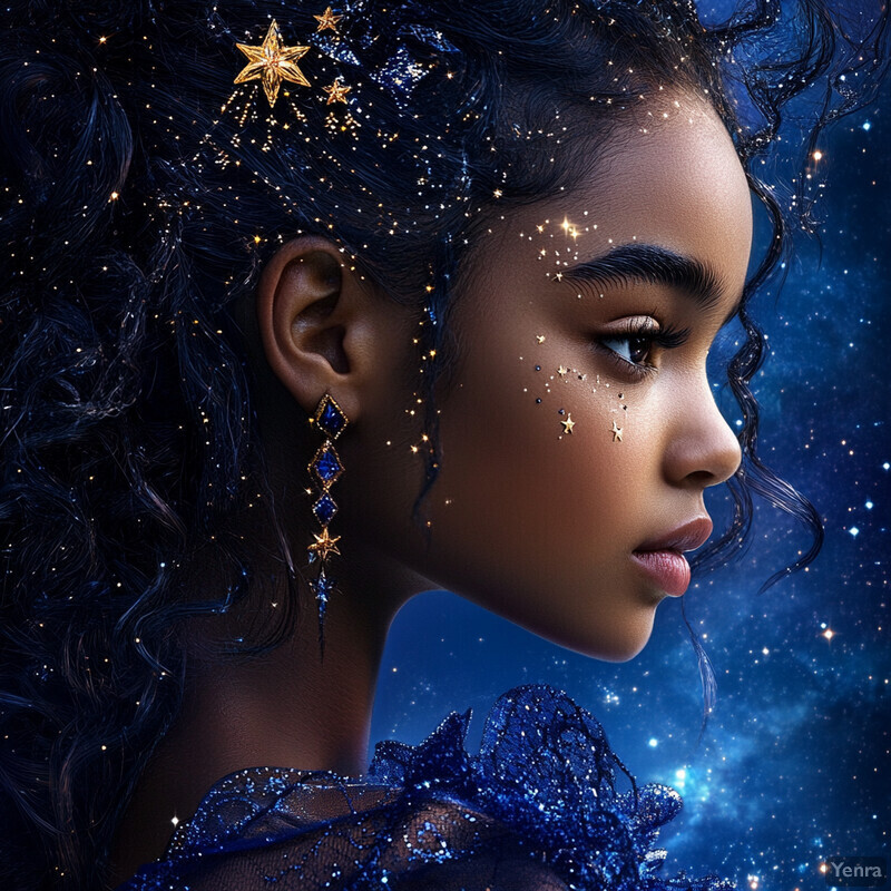 A young girl with curly hair gazes upwards at stars in her blue dress