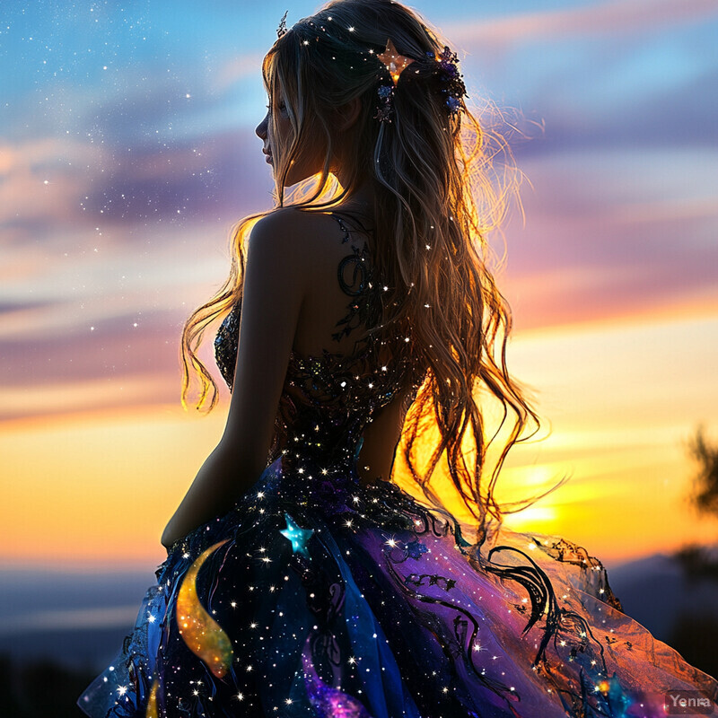 A woman with long hair and a starry dress stands before a sunset.