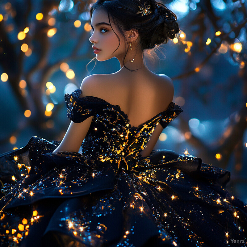 A woman in a black dress with gold and silver embroidery stands confidently on a city street.