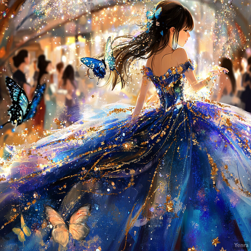 A woman in a blue ballgown with gold accents and butterflies fluttering around her, set against a blurry background of people.