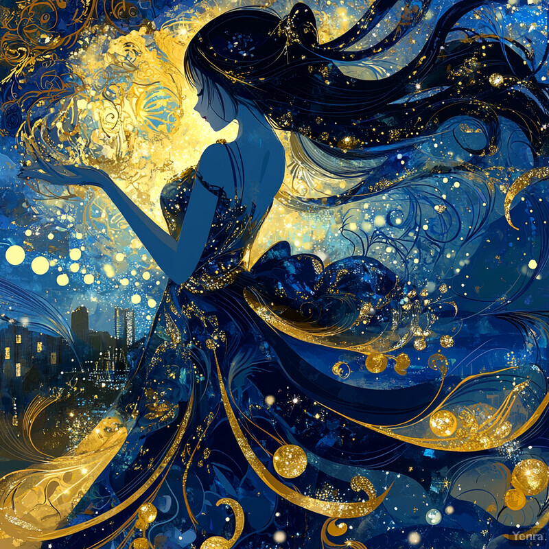 A woman in a shimmering dress surrounded by swirling patterns and stars.