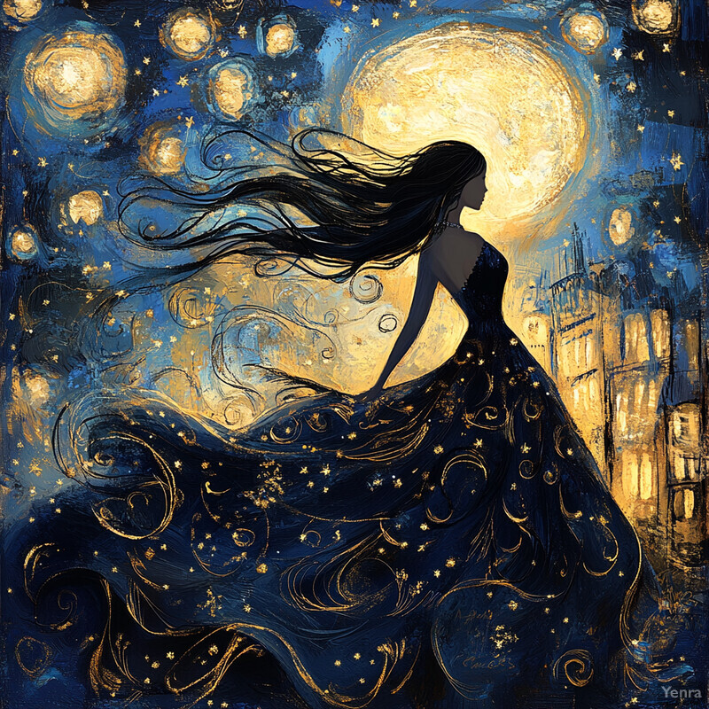 A woman stands confidently in front of a large moon, exuding elegance and sophistication.