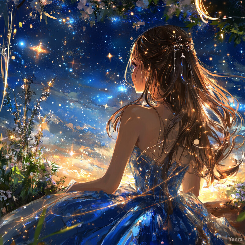 A woman gazes up at the starlit sky, surrounded by greenery and flowers.