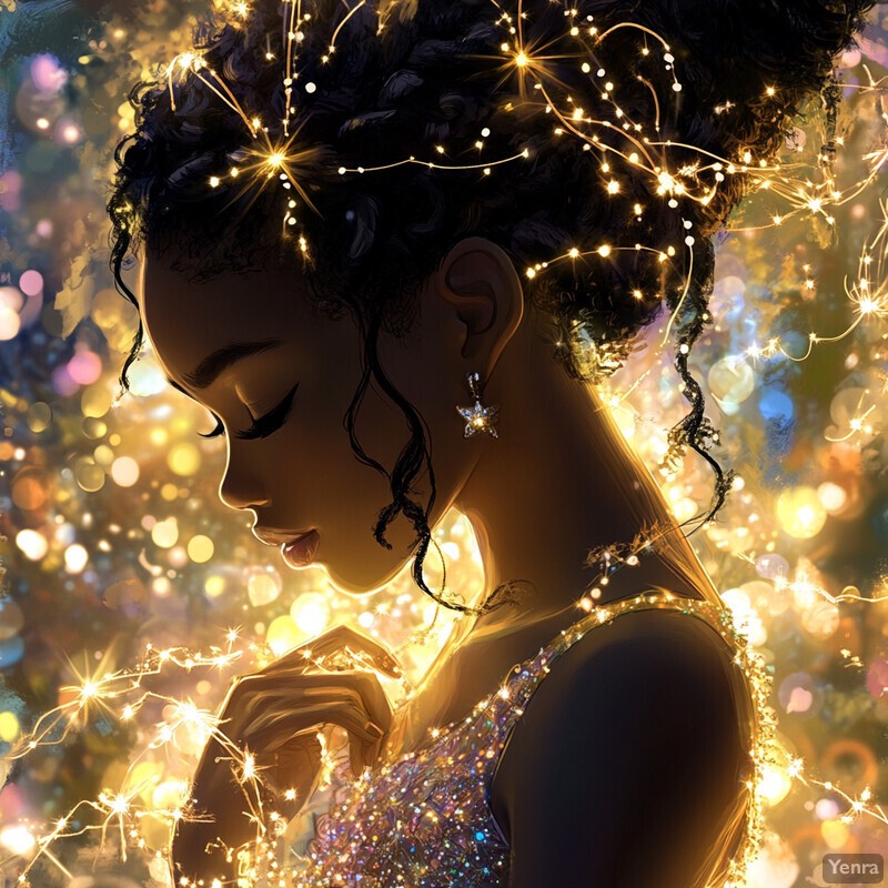 A woman with dark skin and curly hair stands outdoors, surrounded by sparkling lights and wearing a dress with intricate patterns.