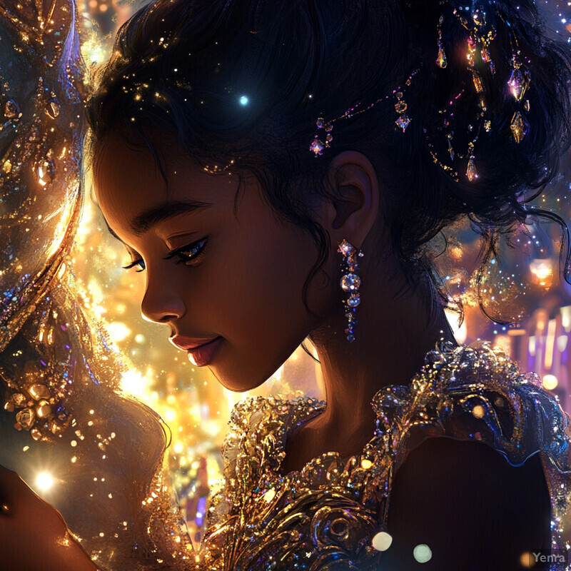 A woman with dark skin and long black hair styled in an updo adorned with jewels, wearing a stunning gold dress featuring intricate designs, complemented by matching earrings.