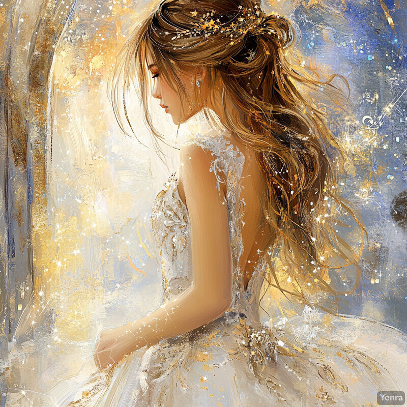 A woman with long brown hair and a white dress gazes downward, surrounded by gold accents and a floral crown.