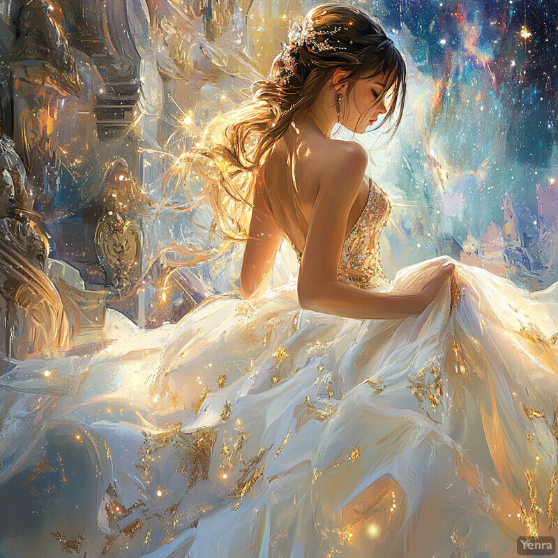 A woman in a stunning white wedding dress with gold accents surrounded by an ethereal atmosphere.