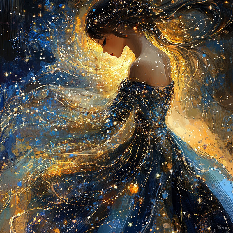 A woman with long hair and a flowing dress is surrounded by a swirling vortex of colors, conveying a sense of movement and energy.