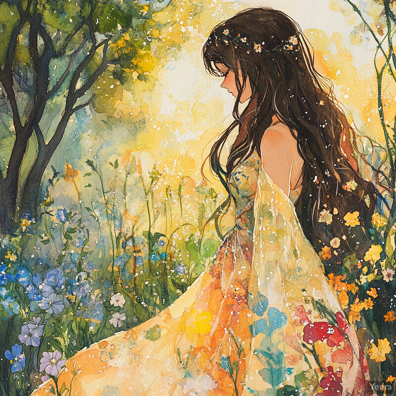 A serene woman stands in a sunlit meadow surrounded by wildflowers