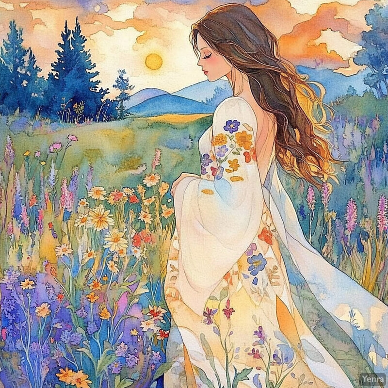 A serene depiction of a woman in a meadow