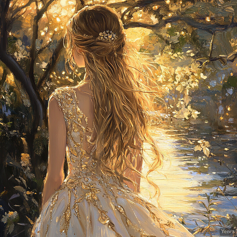 A woman in a white dress stands by a body of water, surrounded by lush greenery, lost in thought as she gazes out at the tranquil scene.