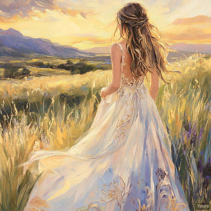 A serene scene of a woman standing in a field, gazing out at a breathtaking sunset.