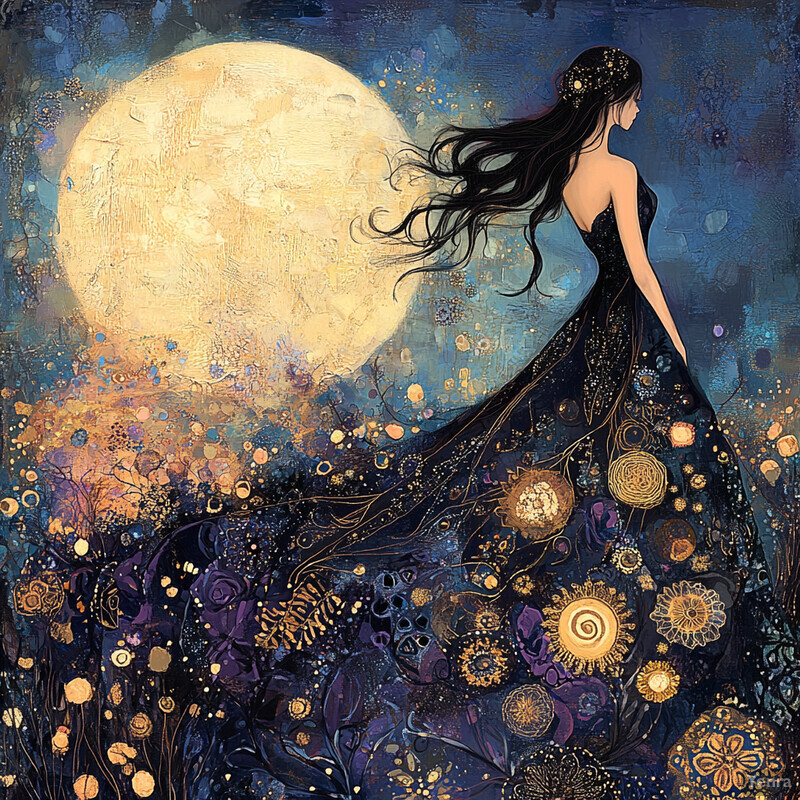 A woman stands in front of a large moon wearing a black dress with gold floral patterns.