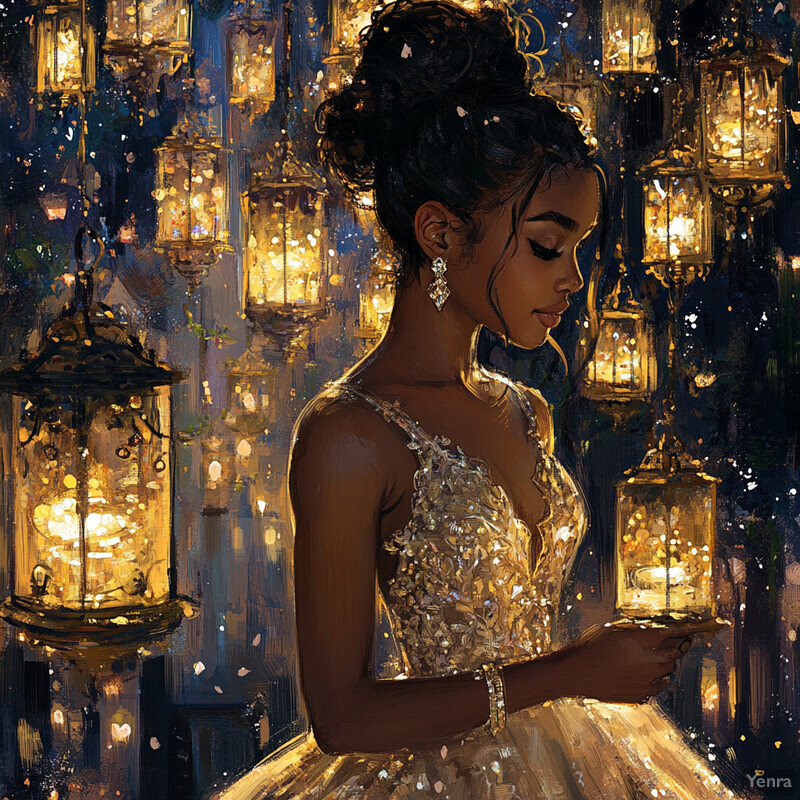 A woman standing in front of a wall adorned with multiple lanterns, each containing a lit candle, exuding a sense of tranquility and relaxation.